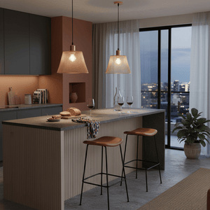 Two rose gold mesh pendant lights hang over a modern kitchen island with bar stools, creating a warm ambiance.