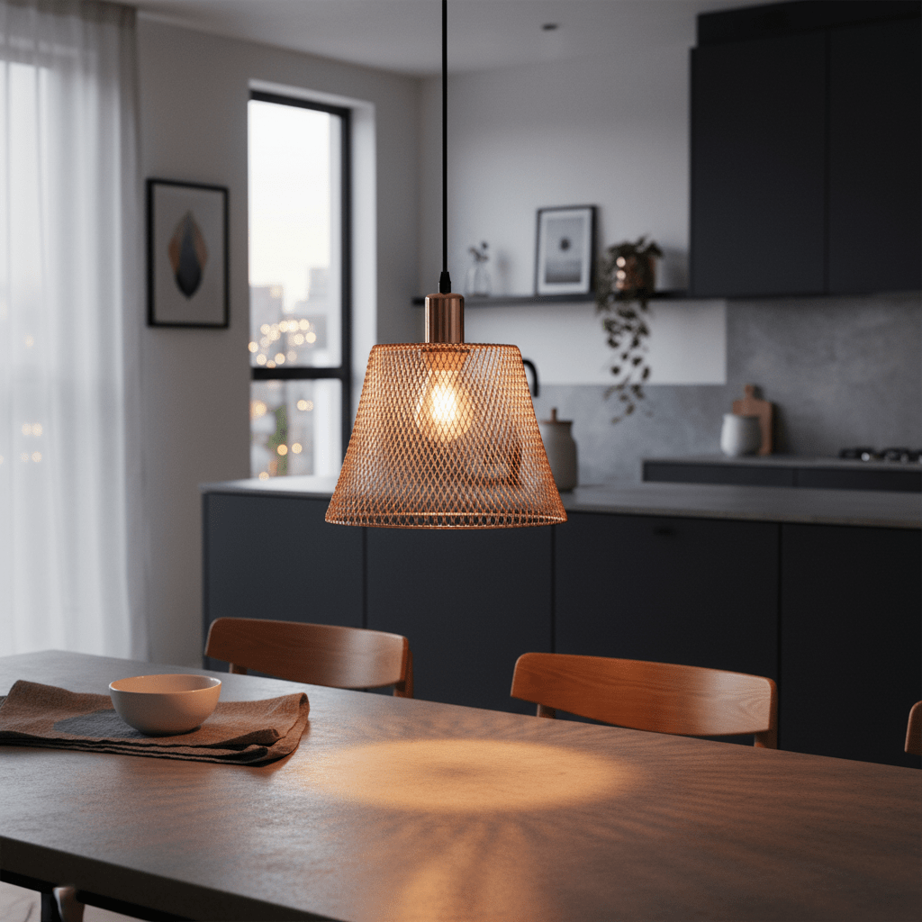 Steel mesh pendant light in rose gold hanging over a dining table, casting warm light and shadows.
