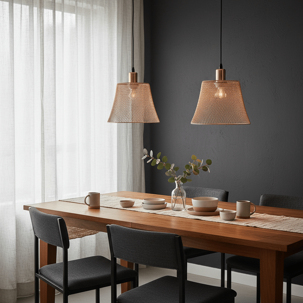 Two rose gold mesh pendant lights hanging over a wooden dining table set with dishes and a vase.