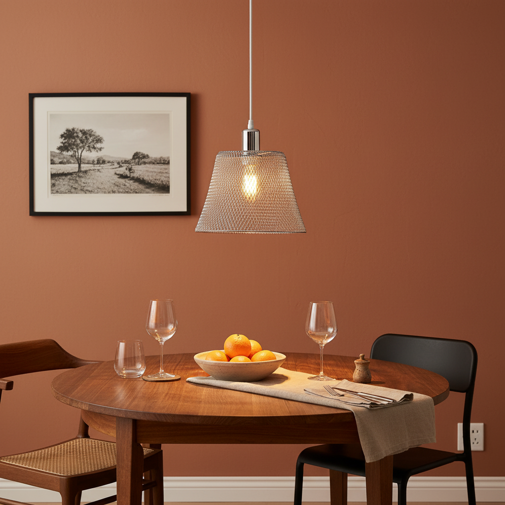 Polished chrome pendant light with steel mesh shade hanging over a wooden dining table with fruit bowl.