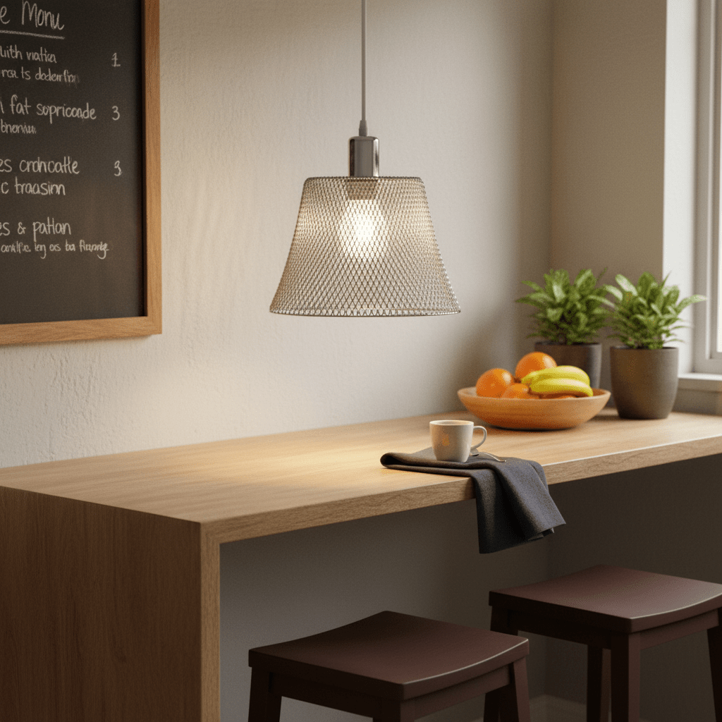 Polished chrome pendant light with white cord hanging over a wooden counter, featuring plants and a bowl of fruit.