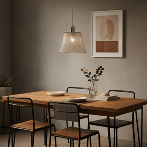 Stylish steel mesh pendant light above a wooden dining table with minimalist decor.