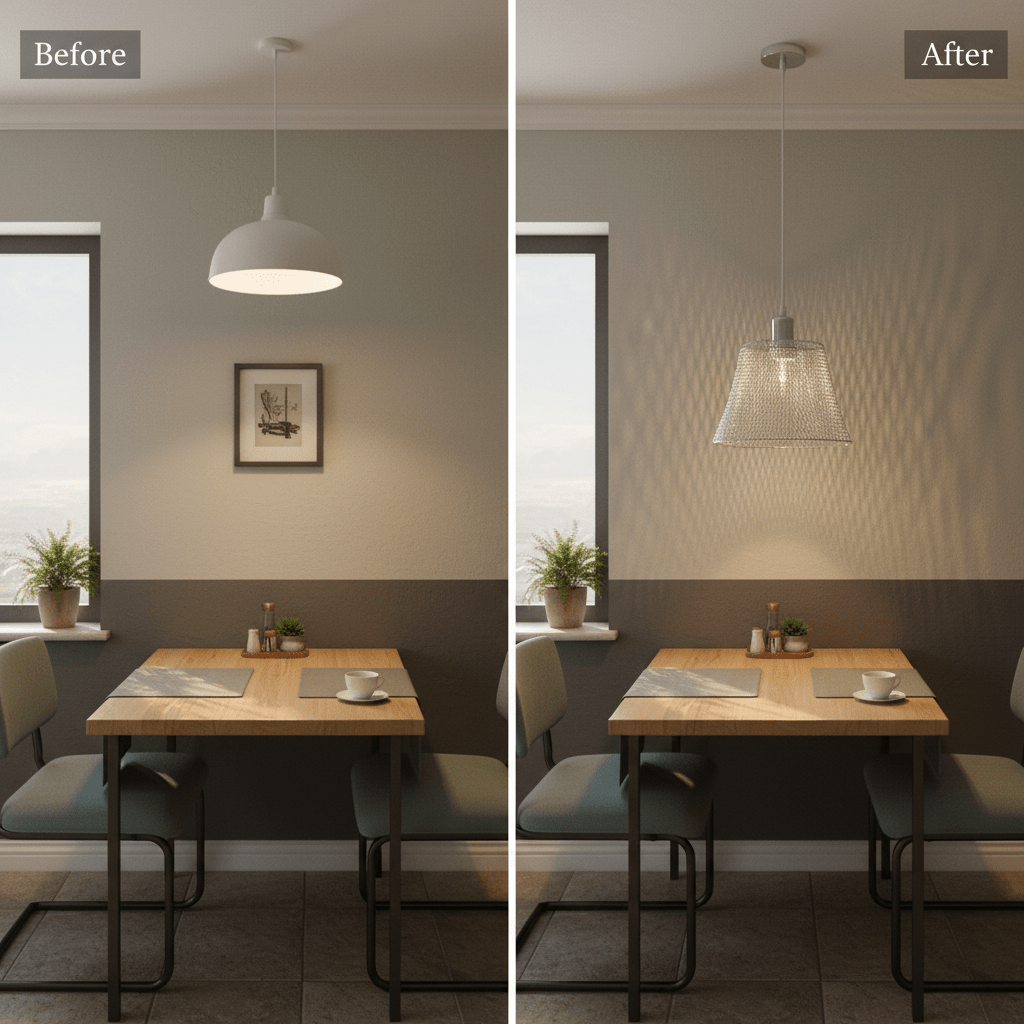 Before and after comparison of a dining area with a steel mesh pendant light, showcasing improved lighting and ambiance.
