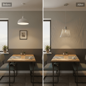 Before and after comparison of a dining area with a steel mesh pendant light, showcasing improved lighting and ambiance.
