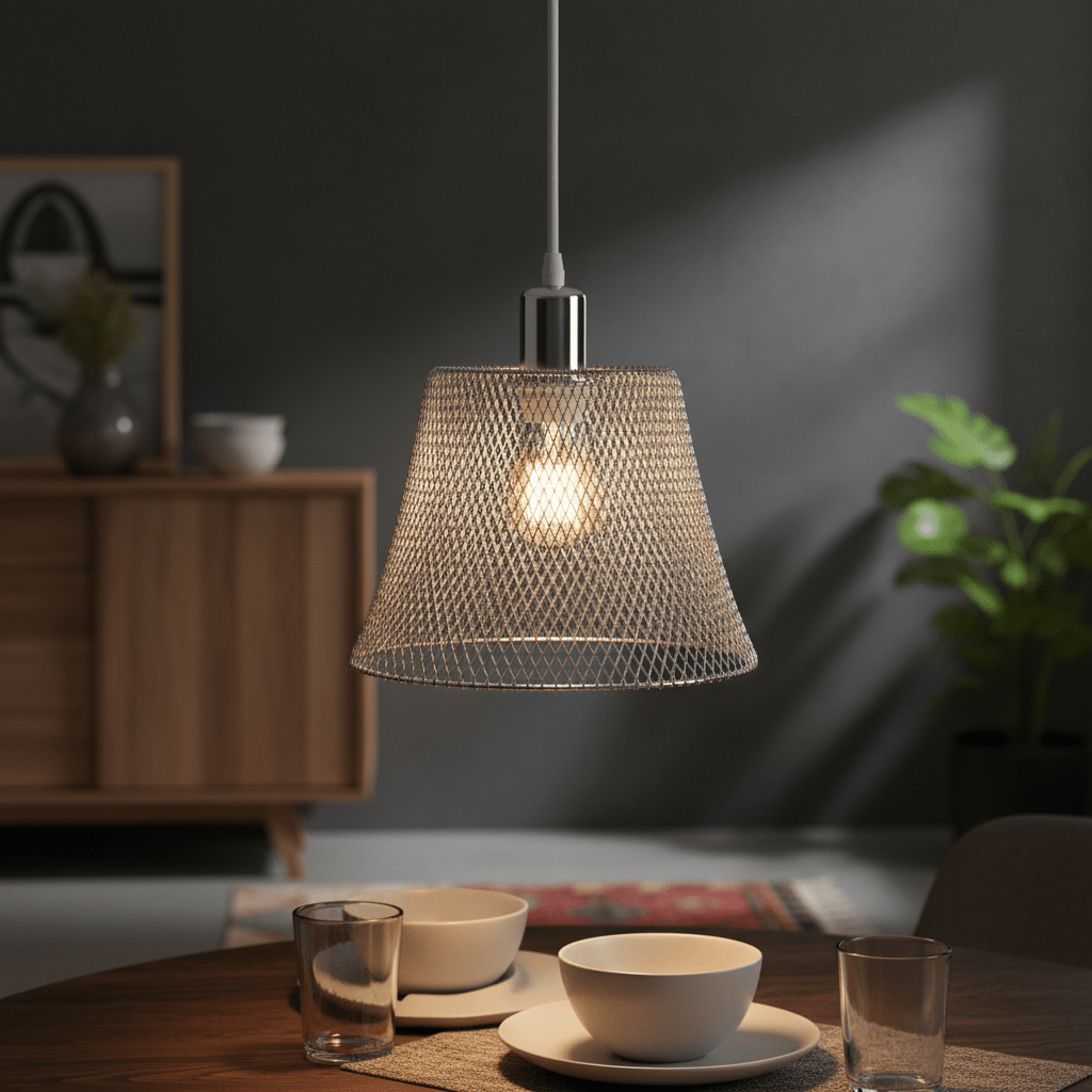 Polished chrome pendant light with steel mesh shade hanging over a dining table set with bowls and glasses.