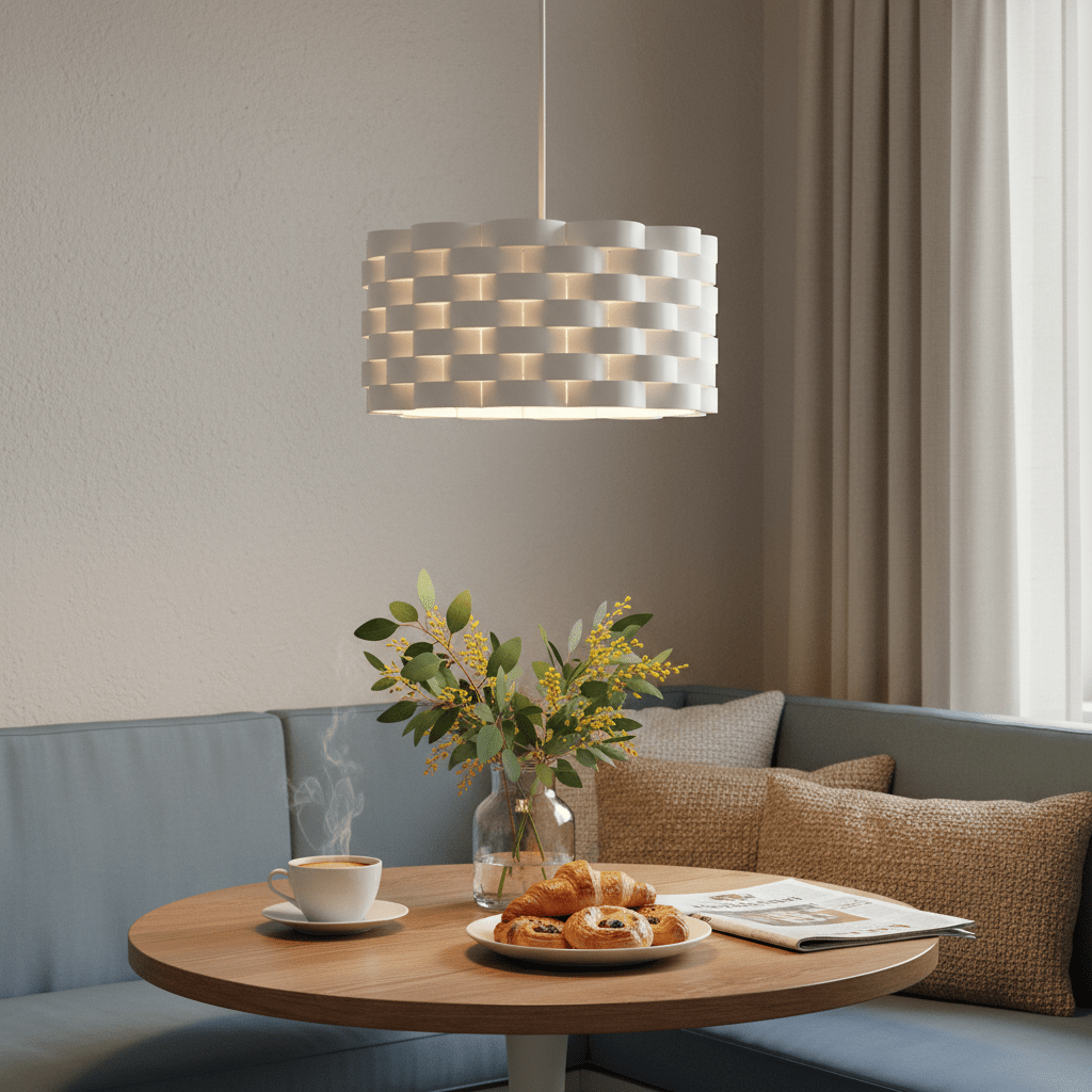Modern oval pendant light hanging above a cozy dining table with coffee and pastries.