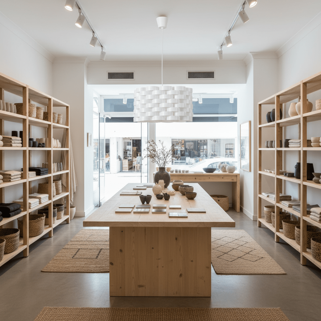 Modern oval pendant light hanging above a wooden table in a stylish retail space.
