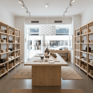 Modern oval pendant light hanging above a wooden table in a stylish retail space.