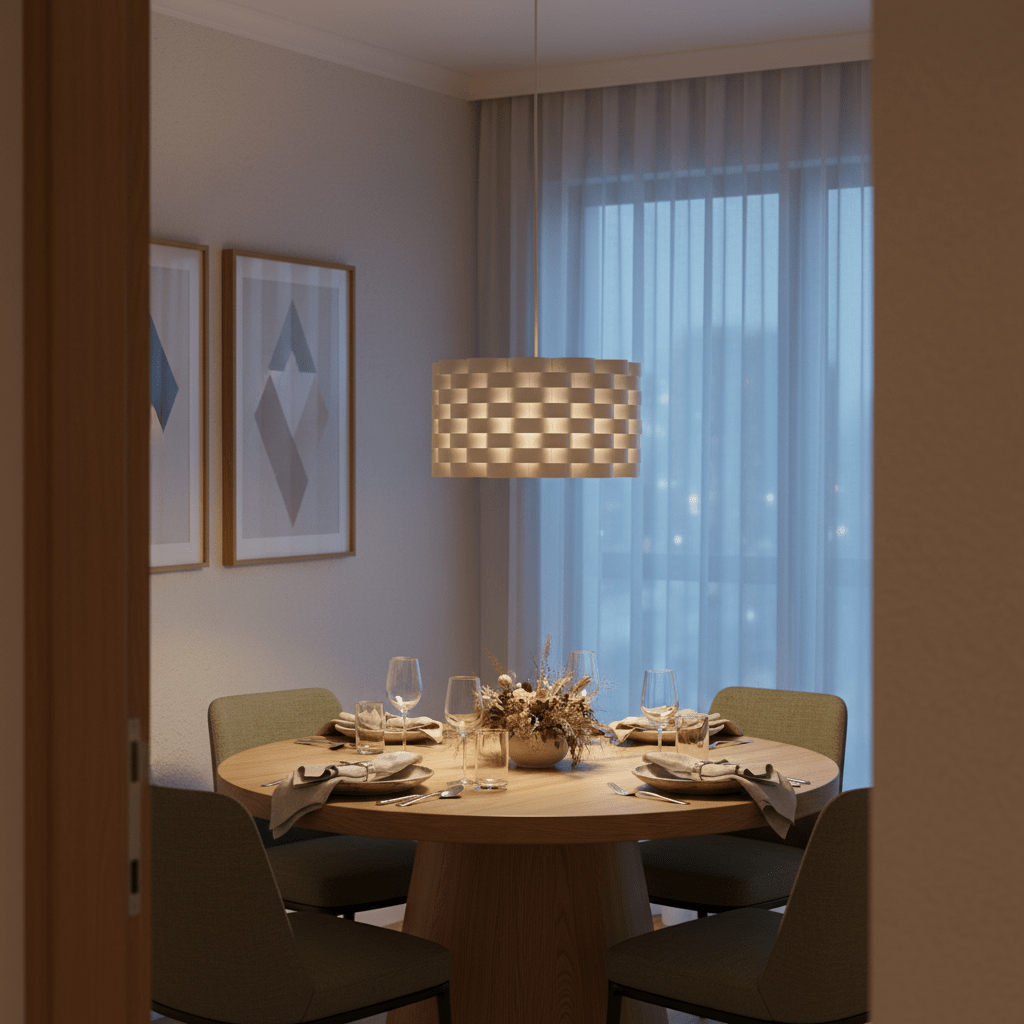 Modern oval pendant light hanging above a round dining table set for a meal, with decorative elements.