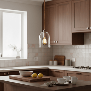 Bronze pendant light with clear glass shade and red cord hanging above a kitchen island with lemons and a bowl.