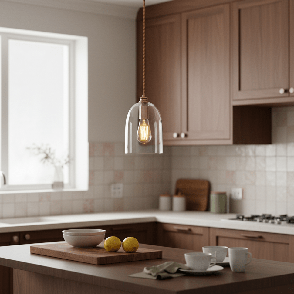 Bronze pendant light with clear glass shade and red cord hanging above a kitchen island with lemons and a bowl.