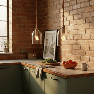 Two clear glass pendant lights with bronze fittings hang over a wooden kitchen counter against an exposed brick wall.