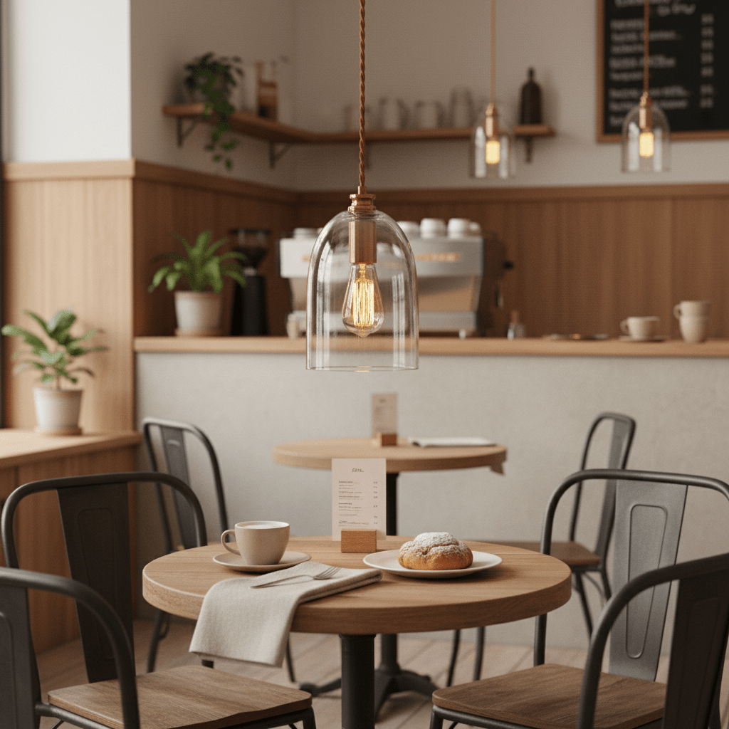 Bronze pendant light with clear glass shade and red cord hanging above a wooden table with coffee and pastry.