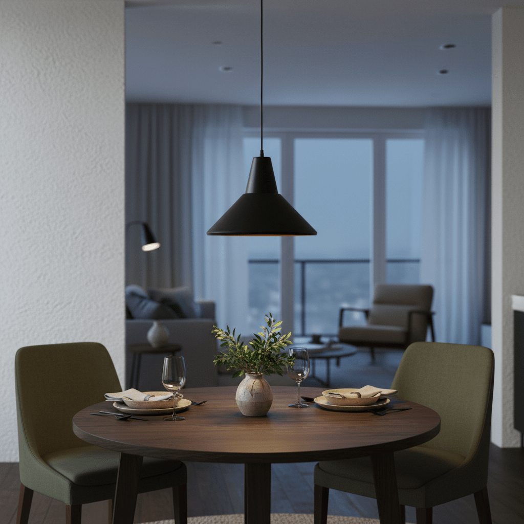 Black pendant light hanging over a round wooden dining table with two chairs and place settings