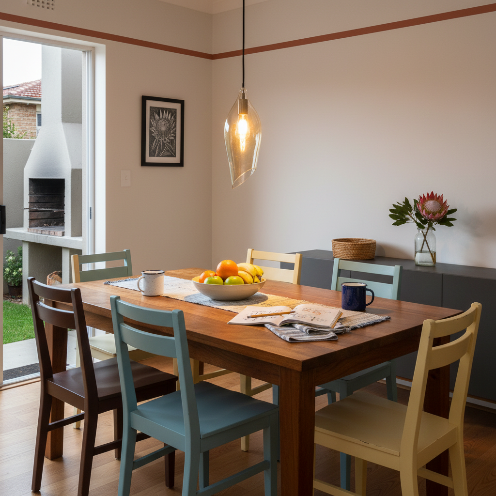 Satin brass pendant light with cognac glass shade hanging above a wooden dining table with colorful chairs and fruit bowl.