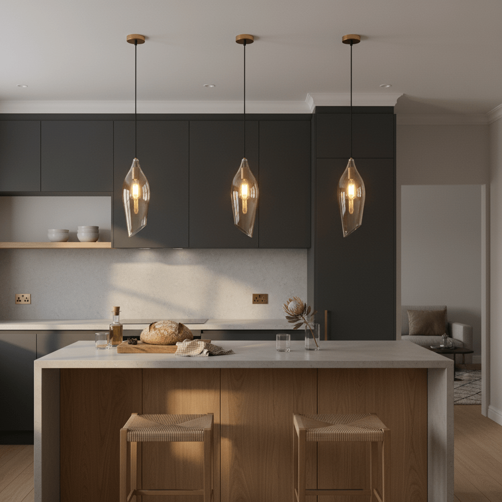 Three satin brass pendant lights with cognac glass shades hang above a modern kitchen island, creating a warm ambiance.