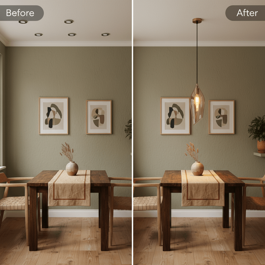 Before and after comparison of a dining area with a satin brass pendant light over a wooden table.