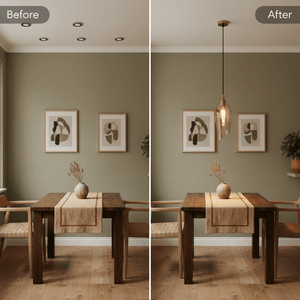 Before and after comparison of a dining area with a satin brass pendant light over a wooden table.