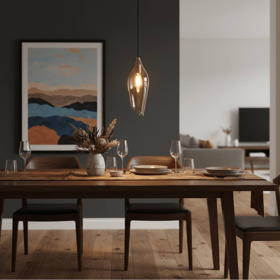 Satin brass pendant light with cognac glass shade hanging above a dining table set with plates and glasses.