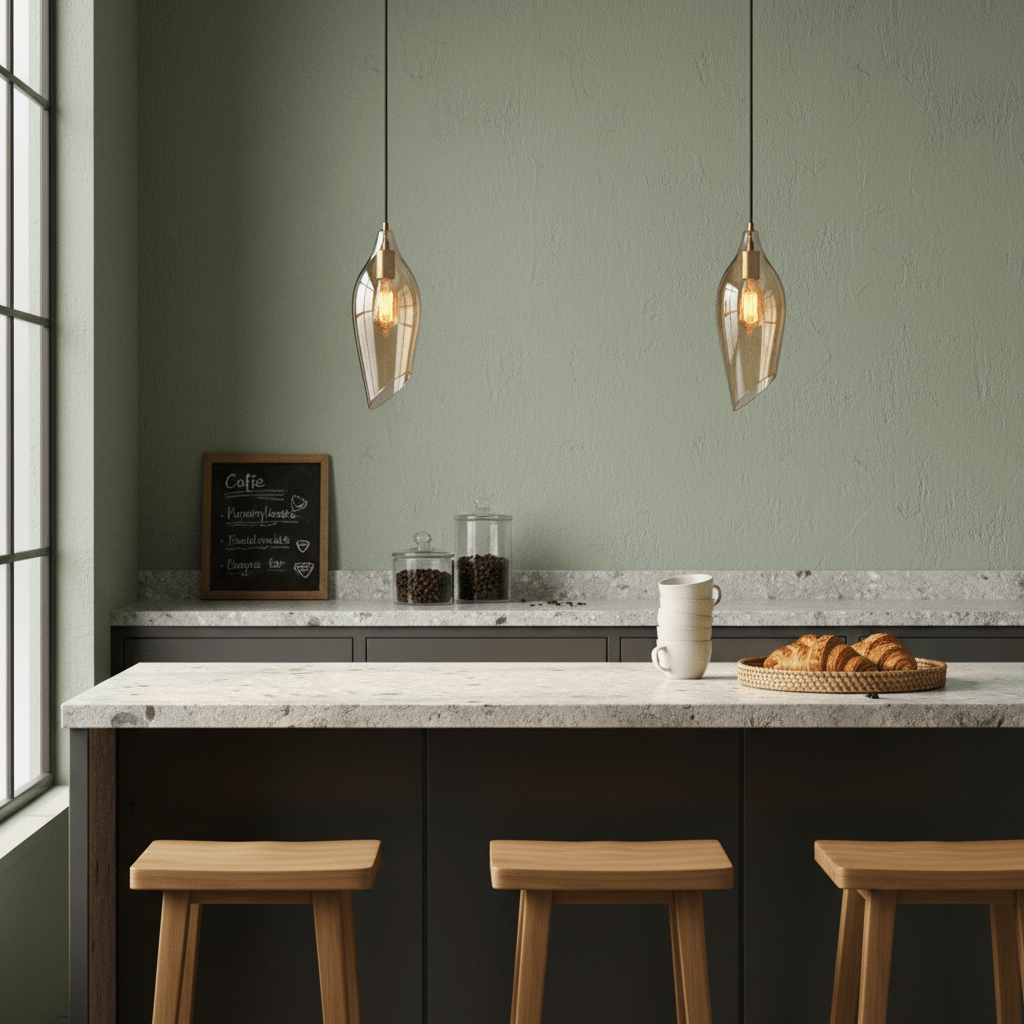 Satin brass pendant light with cognac glass shade hanging over a kitchen island with wooden stools.