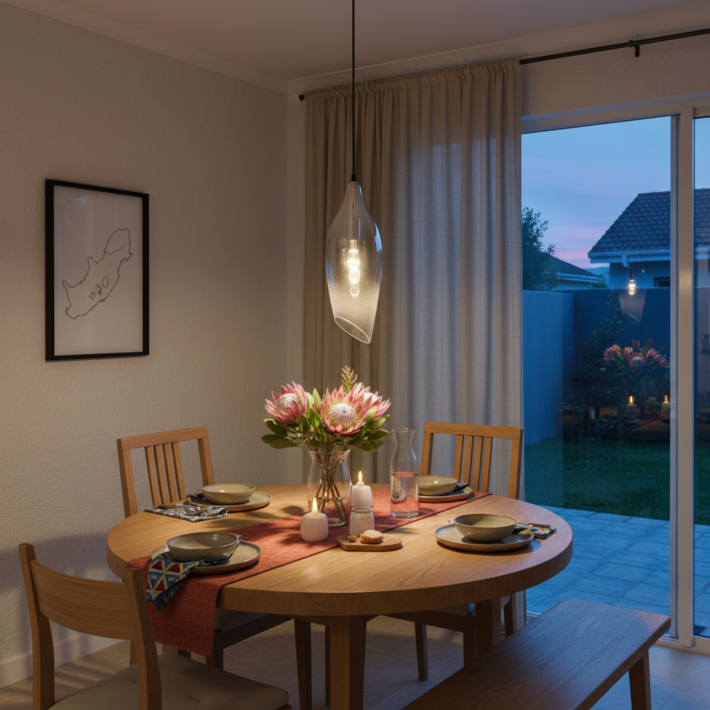Satin nickel pendant light with smoke glass shade hanging over a dining table set with flowers and candles.
