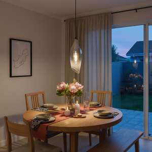 Satin nickel pendant light with smoke glass shade hanging over a dining table set with flowers and candles.