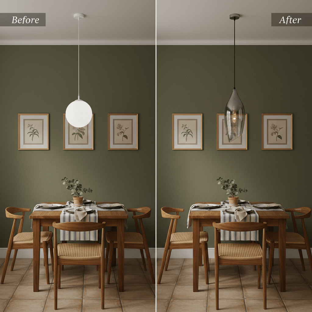 Before and after comparison of a dining area featuring a satin nickel pendant with smoke glass shade.