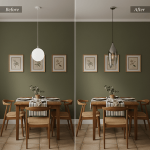 Before and after comparison of a dining area featuring a satin nickel pendant with smoke glass shade.