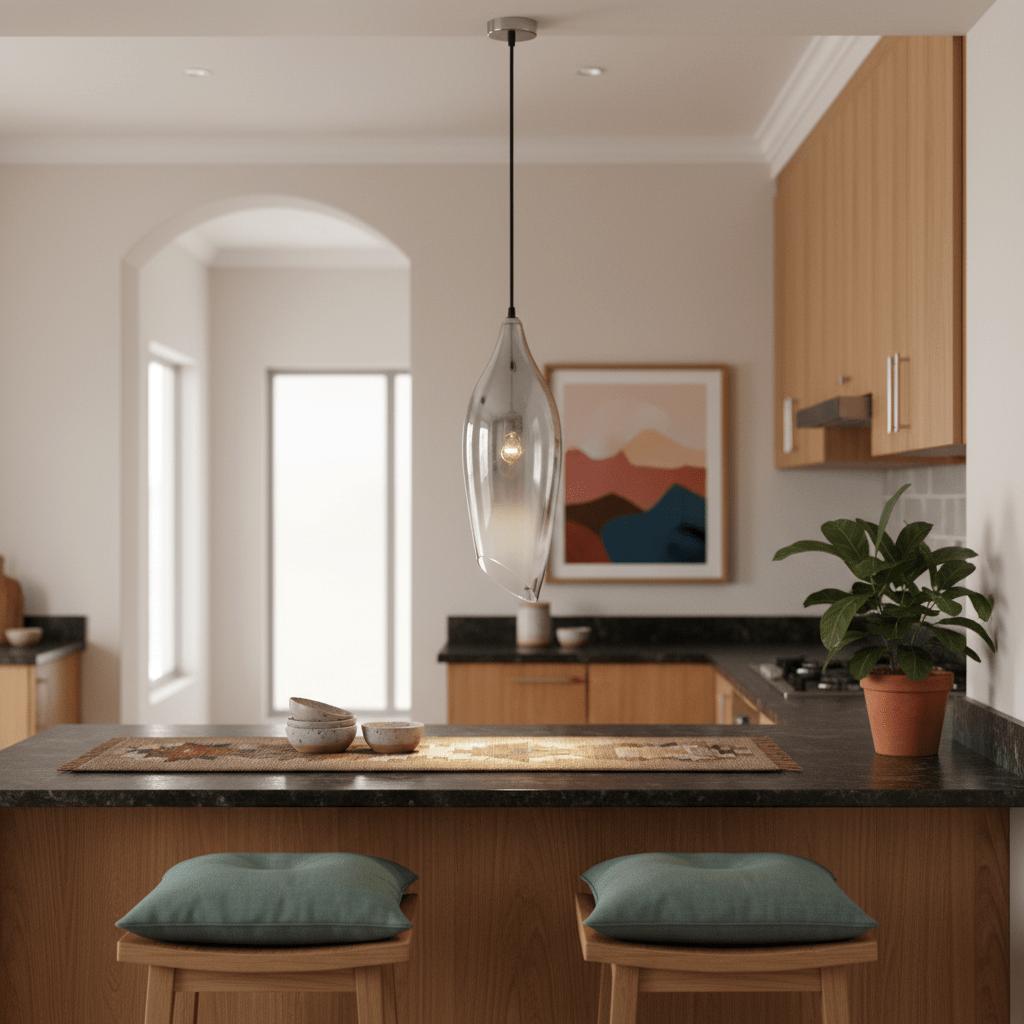 Satin nickel pendant light with smoke glass shade hanging over a kitchen island with wooden stools.