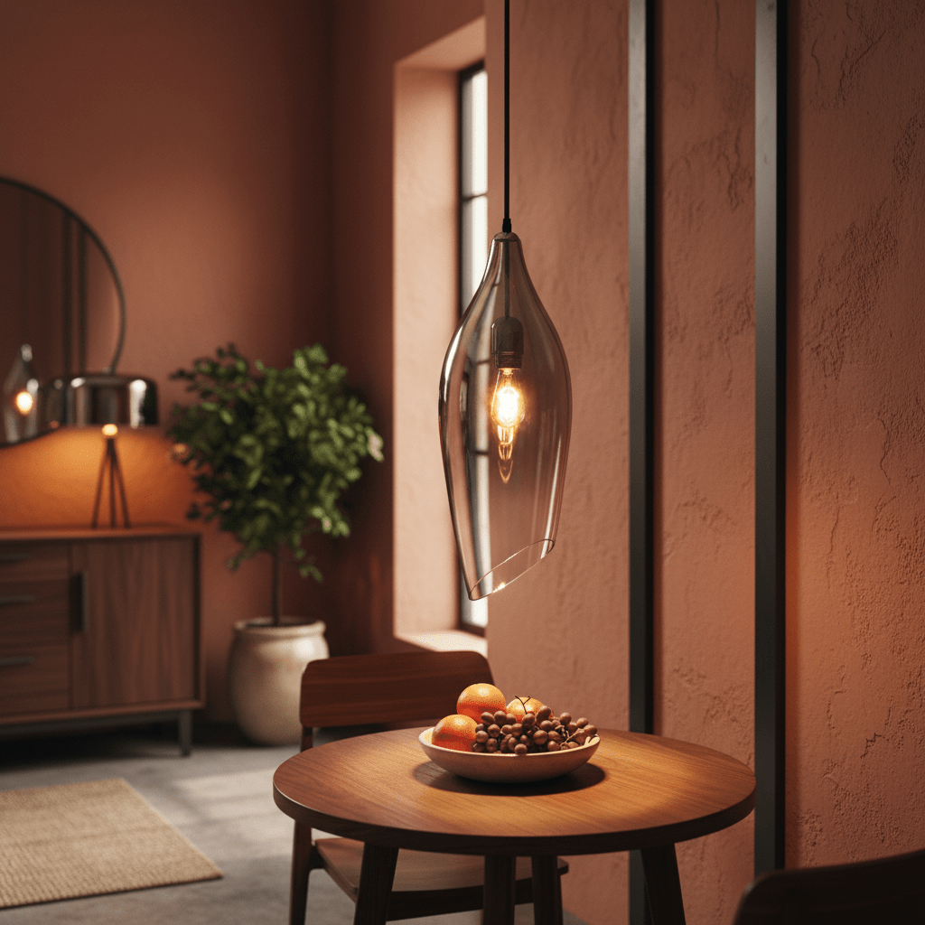 Satin nickel pendant light with smoke glass shade hanging above a wooden dining table with fruit.