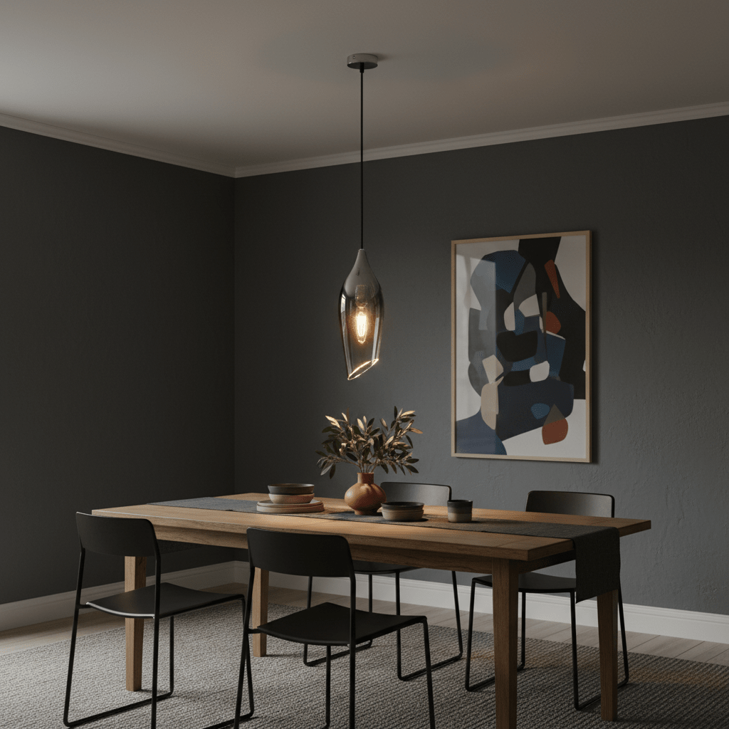 Satin nickel pendant light with smoke glass shade hanging over a wooden dining table, surrounded by black chairs.