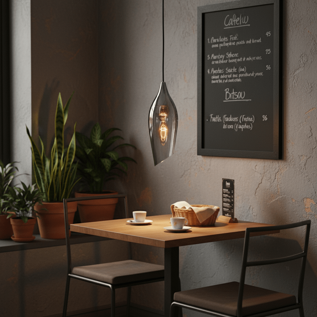 Satin nickel pendant light with smoke glass shade illuminating a cozy dining table setup.