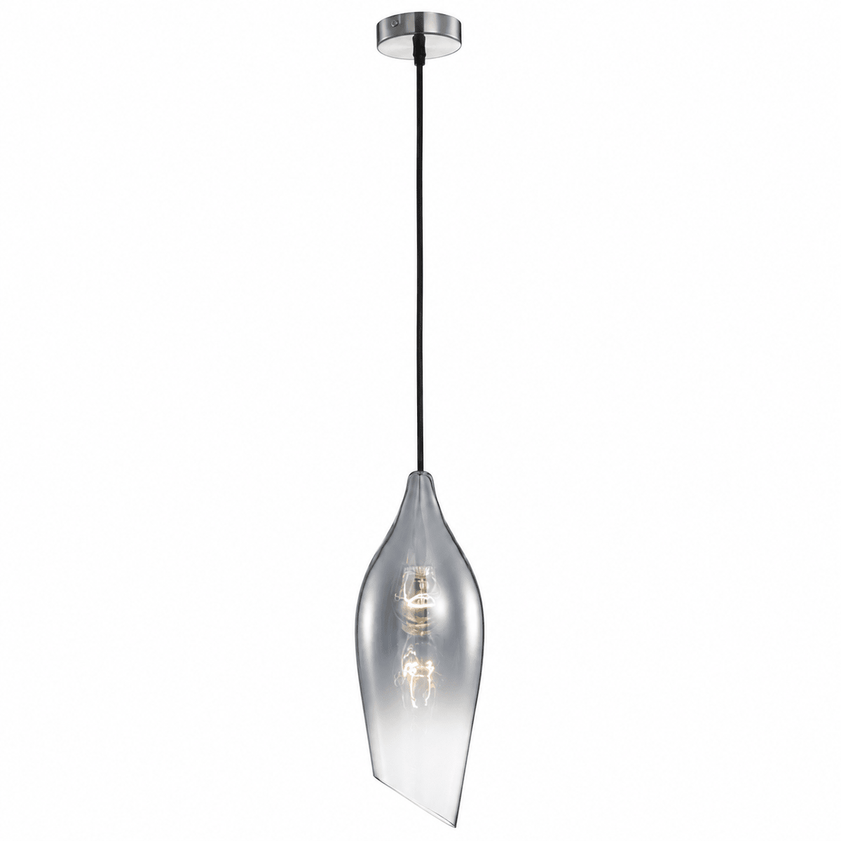 Single satin nickel pendant with smoke-colour glass shade on a white background