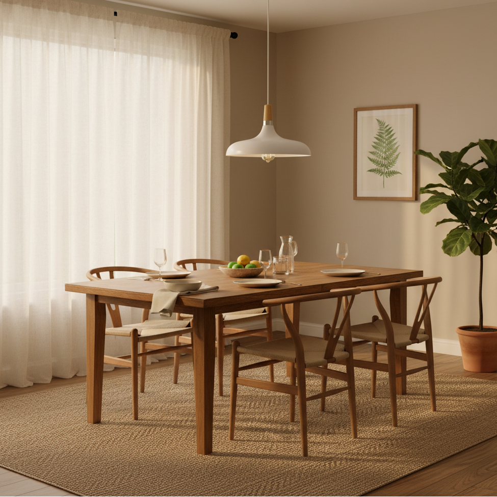 White metal and wood pendant light with a natural wood neck, white ceiling cup and visible bulb.