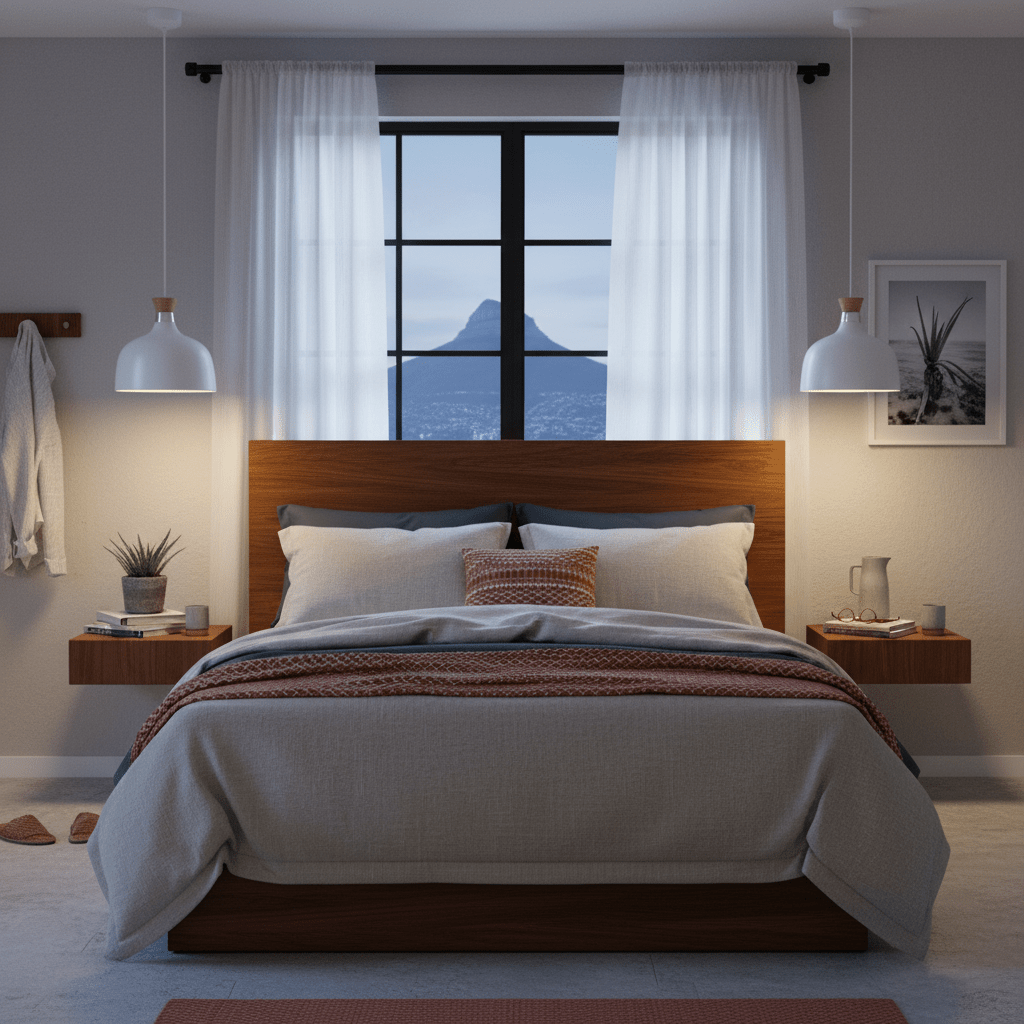 Stylish bedroom featuring a white metal and wood pendant light above a wooden bed with decorative pillows.