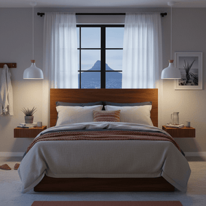 Stylish bedroom featuring a white metal and wood pendant light above a wooden bed with decorative pillows.