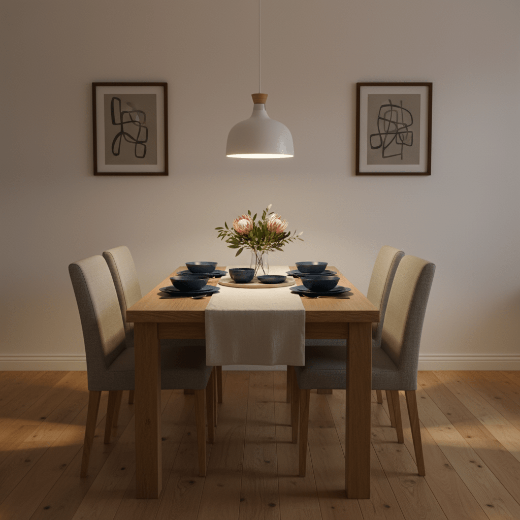 Stylish dining setup featuring a white metal and wood pendant light above a wooden table with floral centerpiece.