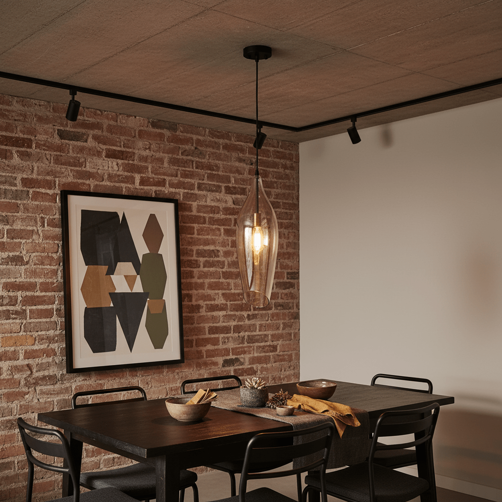 Black metal pendant light with cognac glass shade hanging over a dining table in a modern setting.