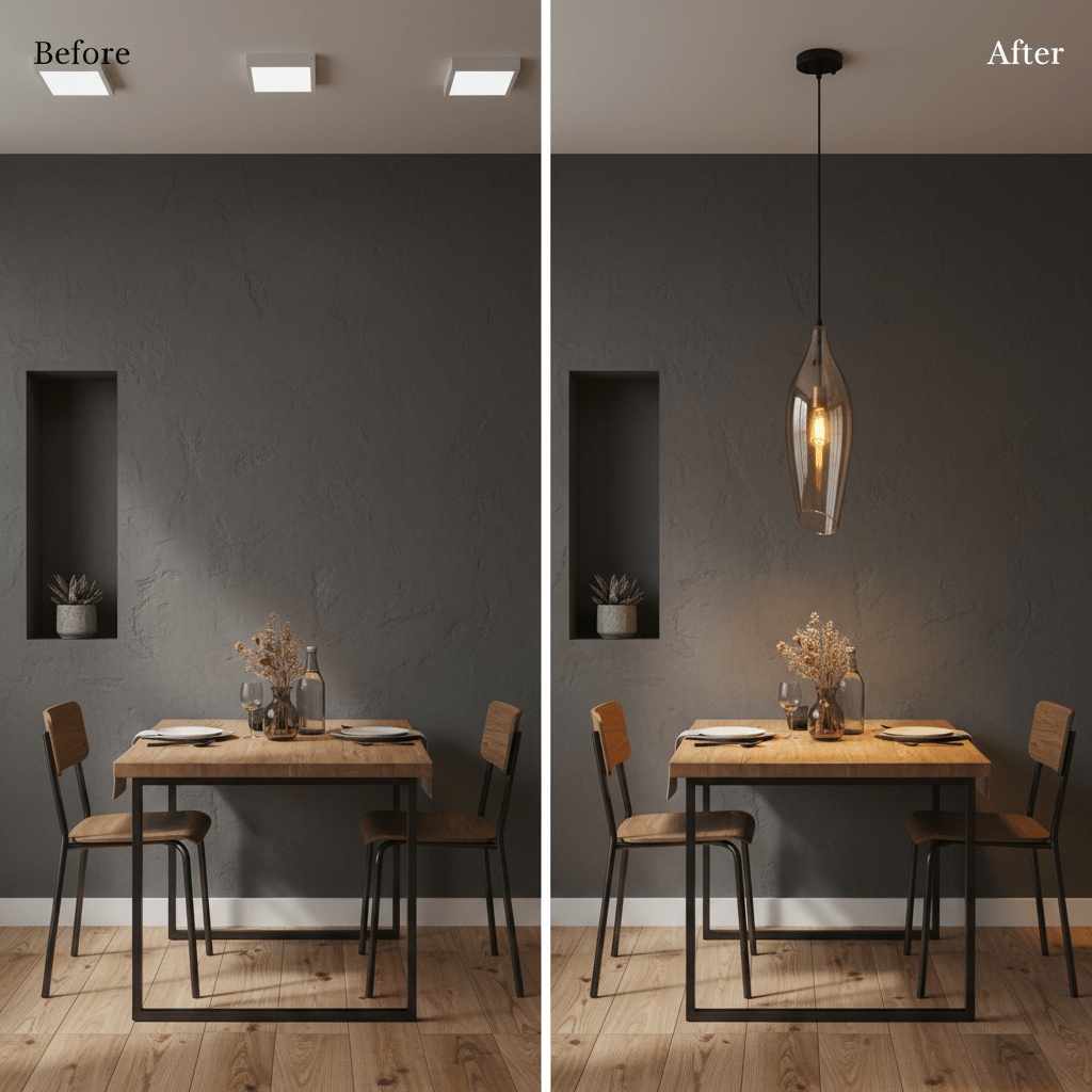 Before and after comparison of a dining area with a black metal pendant light featuring cognac glass shade.