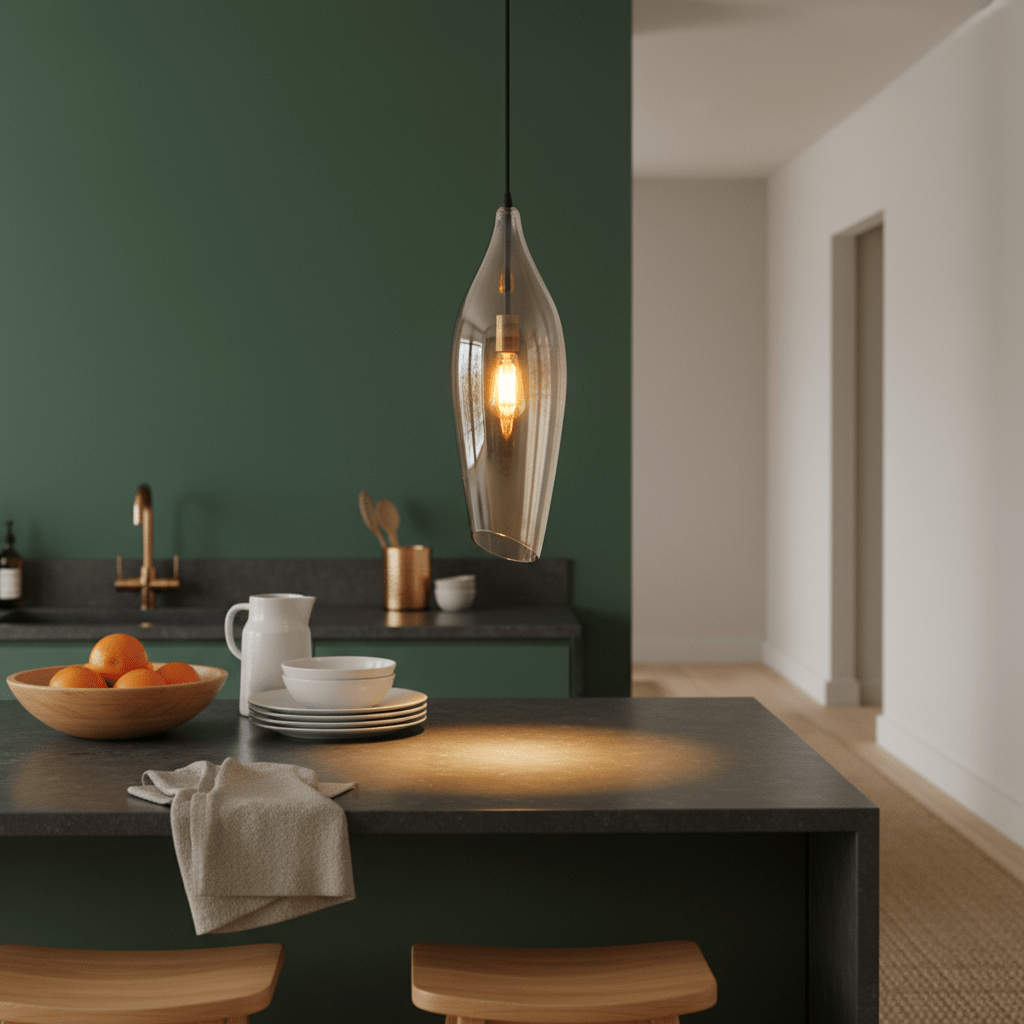 Stylish black metal pendant light with cognac glass shade hanging over a kitchen island with fruit bowl and tableware.