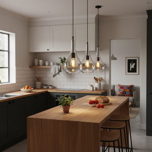 Three black metal and clear glass pendant lights hang above a wooden kitchen island with fresh produce.