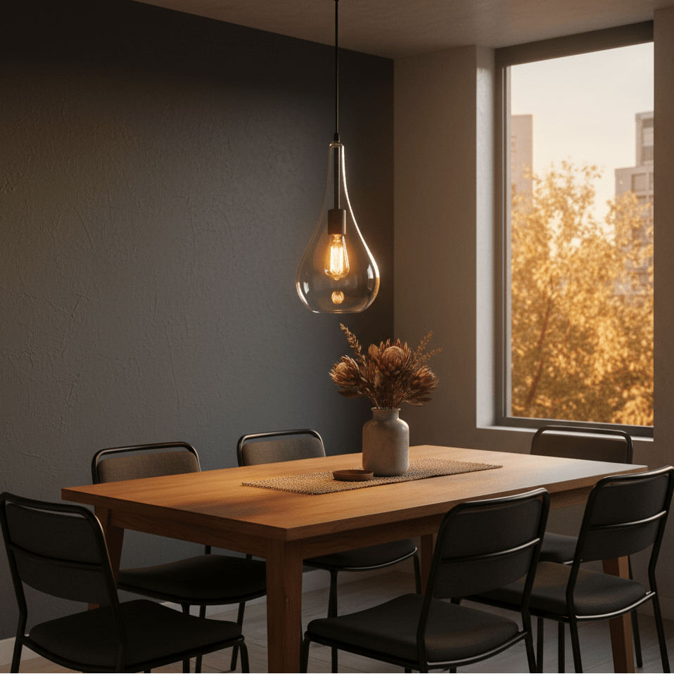 Black metal pendant light with clear glass shade hanging above a wooden dining table, surrounded by chairs.