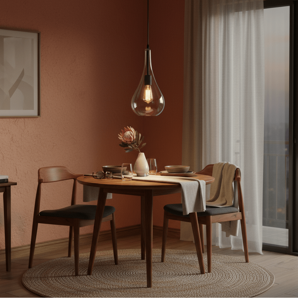Modern black metal pendant light with clear glass shade hanging above a wooden dining table set.