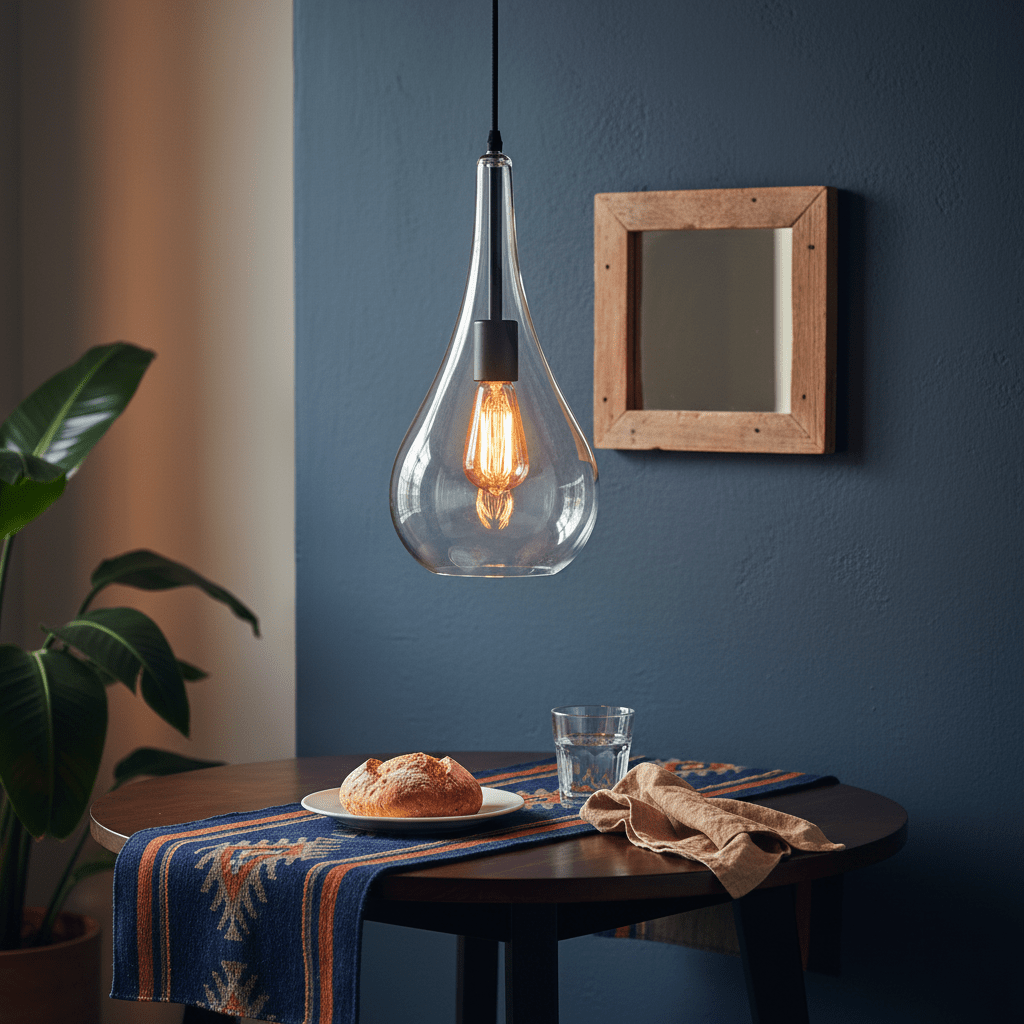 Modern black metal pendant light with clear glass shade hanging above a wooden table set with a plate and glass.