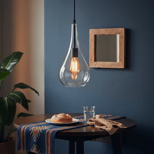 Modern black metal pendant light with clear glass shade hanging above a wooden table set with a plate and glass.