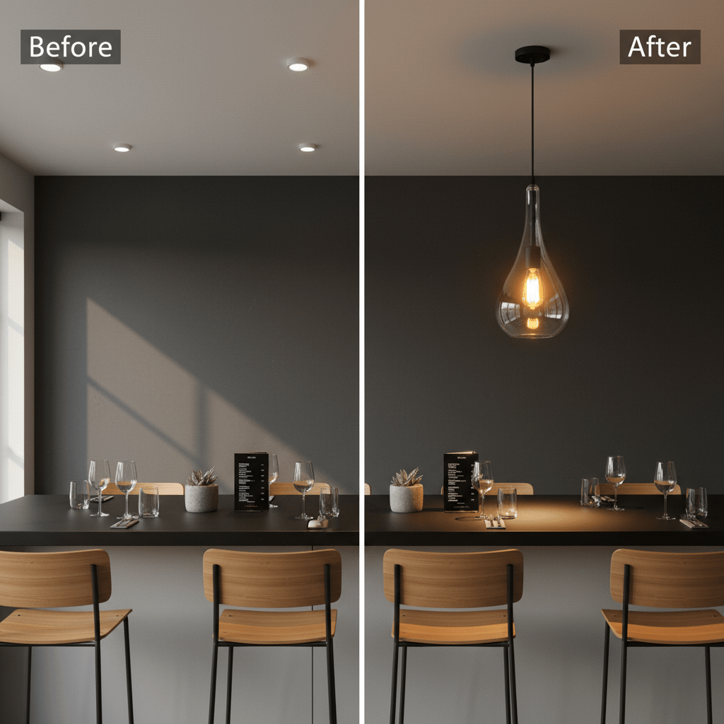 Before and after comparison of a bar area with recessed lighting and a black metal pendant light.
