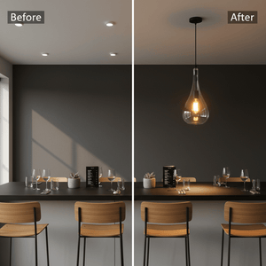 Before and after comparison of a bar area with recessed lighting and a black metal pendant light.