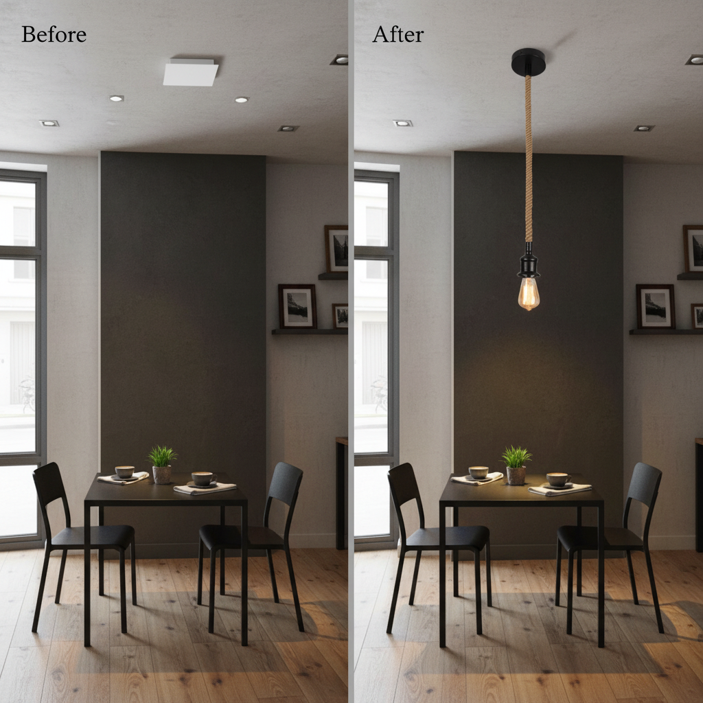 Before and after comparison of a dining area with a metal pendant light featuring a rope accent.