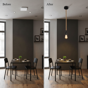Before and after comparison of a dining area with a metal pendant light featuring a rope accent.