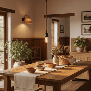 Metal pendant light with rope detail hanging over a rustic wooden dining table set with bowls and a vase.